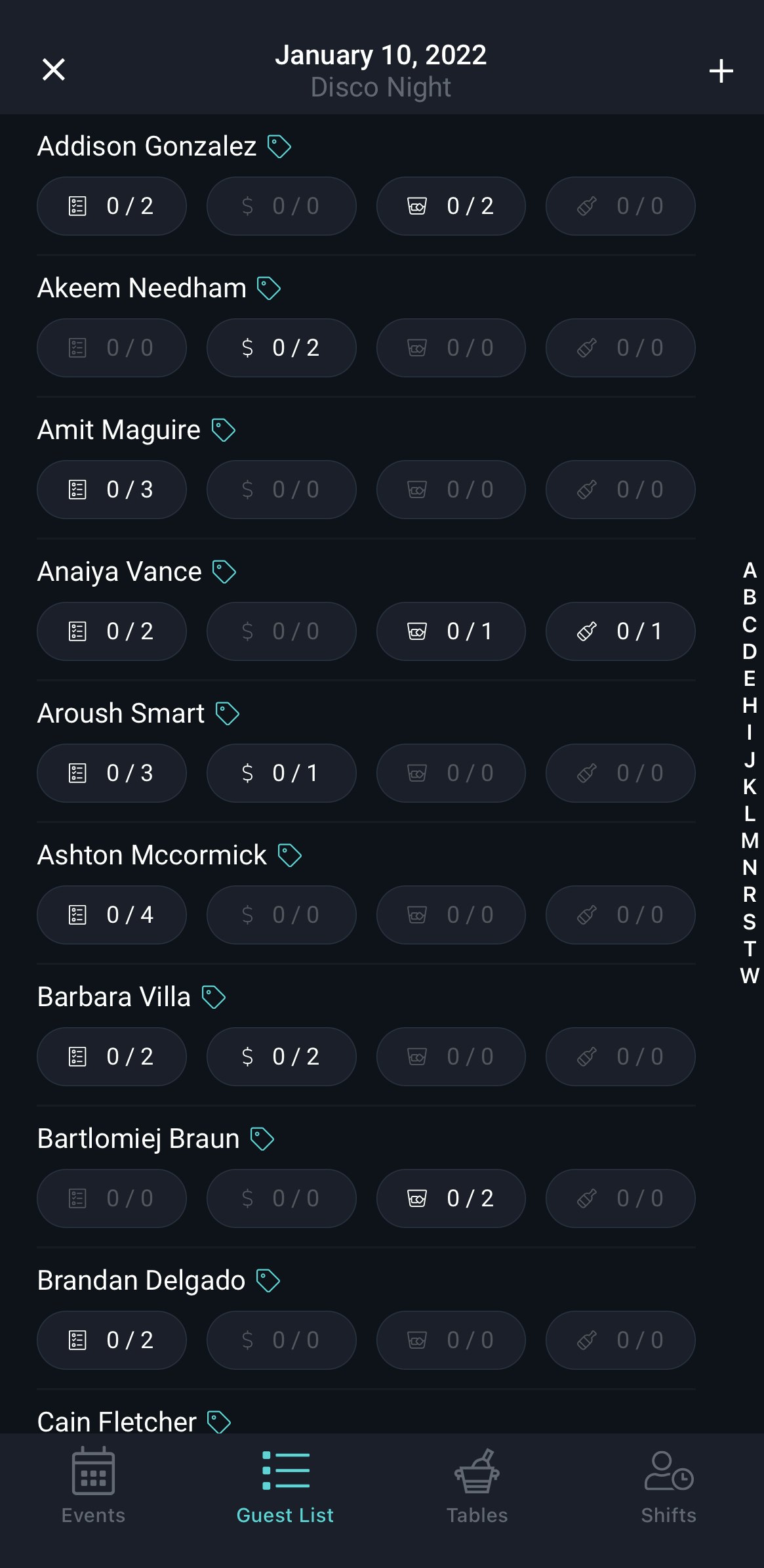 A screenshot of the Nyx mobile app for employees showing the guest list interface.