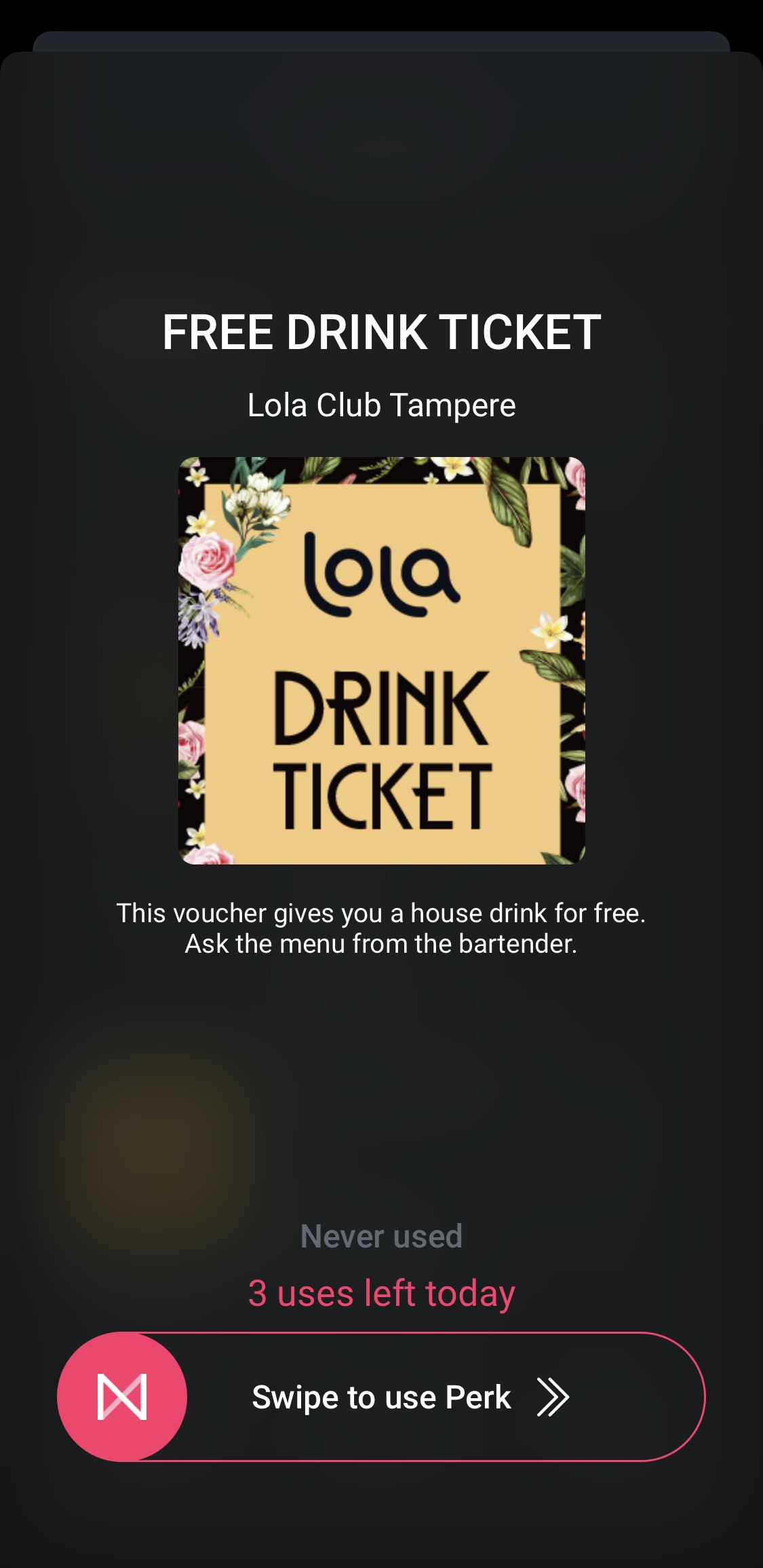 A screenshot from the Nyx member app containing a swipeable perk.